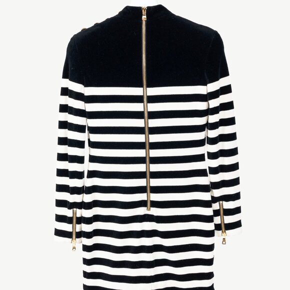 Balmain Black & White Striped Velvet Long-Sleeve Mini Dress - Picture 3 of 14